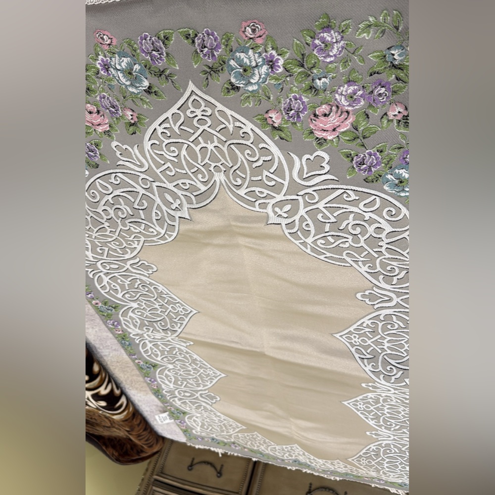 Embroidered Floral prayer rug in Taupe, Pink & Lavender